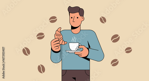 Man Enjoying Coffee And Croissant, Artistic Illustration, Morning Breakfast Concept