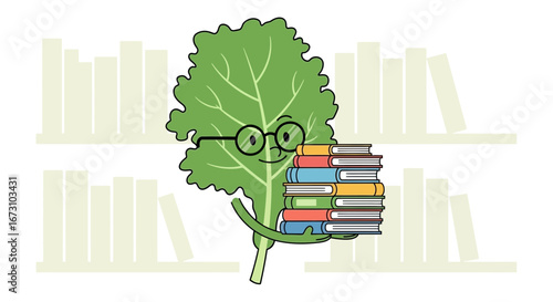 Leaf Character With Glasses Holding Books In Library Displaying Literary Passion