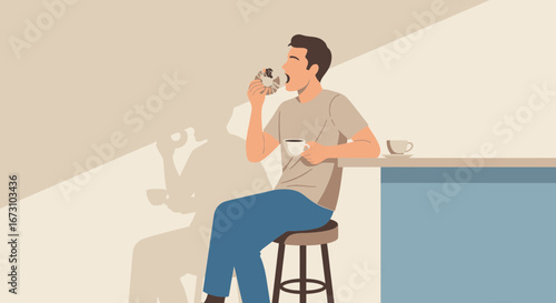Man Enjoying Coffee And Donut In A Relaxed Moment With Shadow Illumination