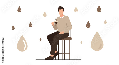Man Enjoying Coffee While Relaxing Indoors With Artistic Drops Representing Beverage