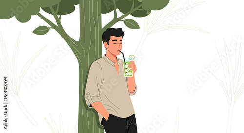 Man Enjoying Cold Drink Under Tree, Relaxation And Refreshment On A Sunny Day