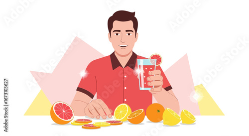 Man Enjoying Delicious Juice With Fresh Fruit, Offering Refreshing Beverage, Vector Art