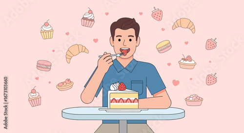 Man Enjoying Delicious Strawberry Cake Dessert While Surrounded by Sweet Treats