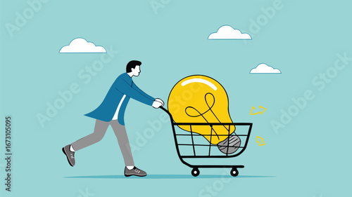 tutoring or skills development, buy online courses or take training to improve skills, businessman buys light bulb idea puts it in shopping cart concept vector illustration
