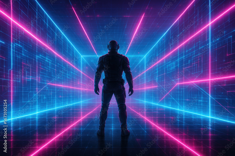 Fototapeta premium Silhouette of a person in a futuristic suit standing in a digital neon grid environment metaverse cyberspace