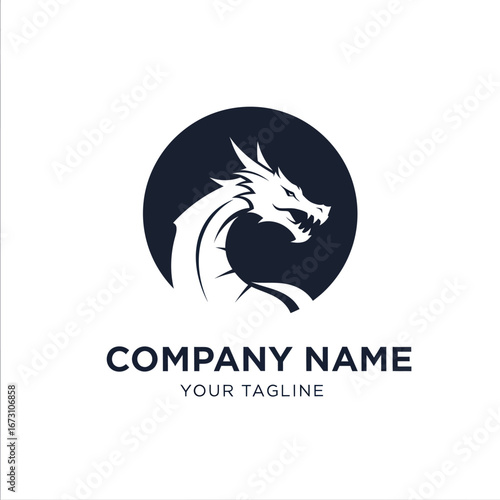 Stylized white dragon head logo design on a dark circular background with placeholder text for company branding.