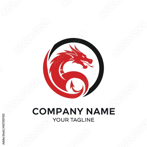 A striking red dragon coiled within a black and white circle, symbolizing power and mythology, with placeholder text for company name and tagline.