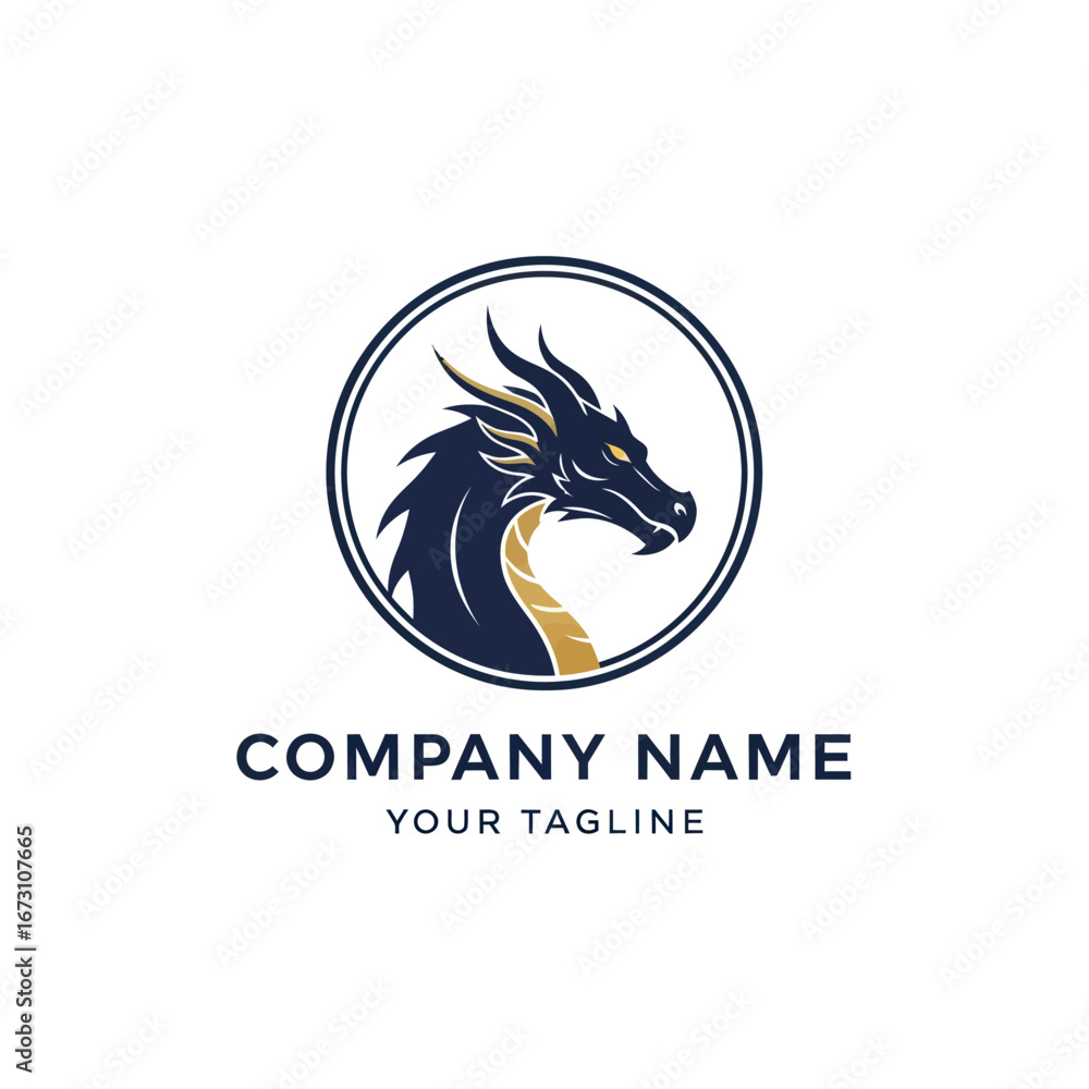Fototapeta premium Elegant logo design featuring a powerful dark blue and gold dragon head inside a circular frame.