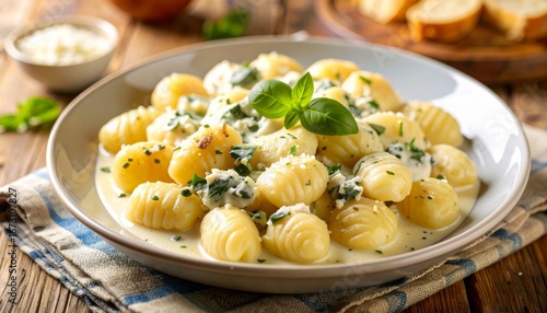 Gnocchi on a White Plate on a Wooden Table