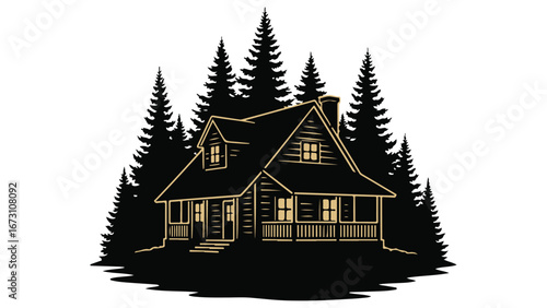 Cabin in the Woods Surrounded by Pine Trees