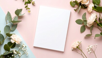 Elegant wedding invitation mockup with fresh roses and eucalyptus on a pastel pink and blue background