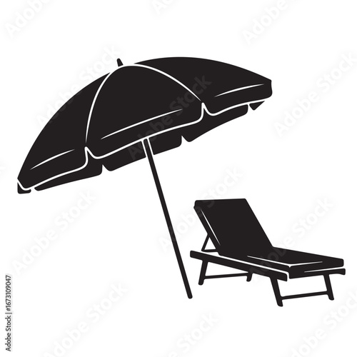 Beach umbrella and lounge chair black silhouette