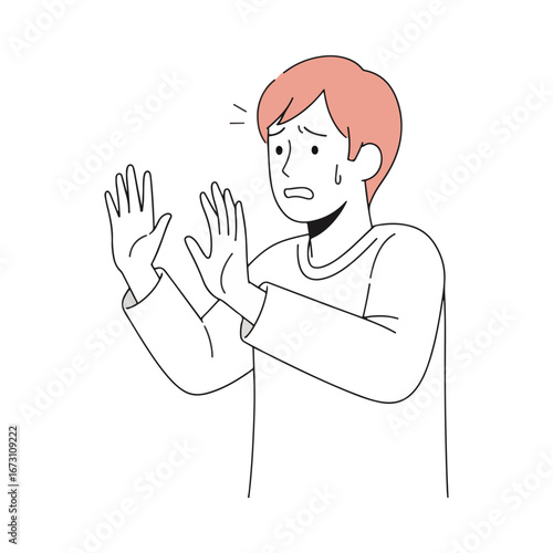 A man with a scared expression holding up his hands in a defensive or refusal gesture. Line art drawing showing fear, anxiety, or saying no.