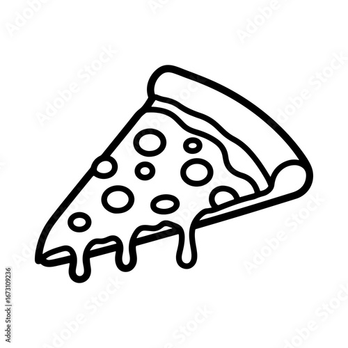 A slice of pizza with toppings and melting cheese in a simple black and white outline style. Perfect for coloring books, menus, or minimalist food icons.