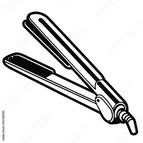 Black and White Illustration of a Hair Straightener with Open Plates hair iron flat iron