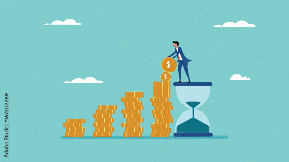 Naklejka premium long term investment concept, Growth Earning From Compound Interest In Long Term Investing, businessman makes financial growth graph by stacking gold coins on top of hourglass vector illustration