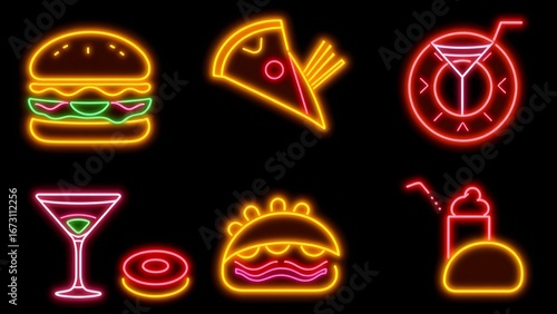 Neon Food Icons Burger Pizza Cocktail Donut Taco Milkshake on Black.