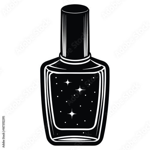 Black and white illustration of a nail polish bottle with sparkles nail lacquer manicure
