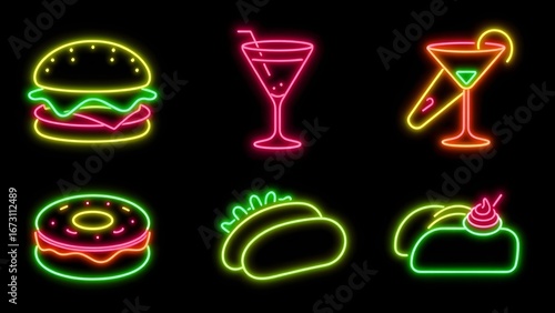 Vibrant Neon Icons of Fast Food and Cocktails on Black Background.