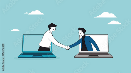 business to business illustration with the concept of two business people shaking hands to agreement, B2B marketing concept, business collaboration
