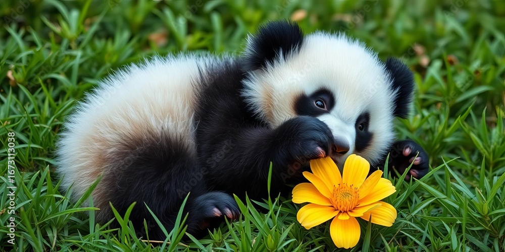 Fototapeta premium A chubby panda cub sprawls on lush green grass, playfully batting at a bright flower, summer, playful
