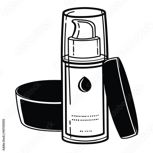 Black And White Illustration Of A Pump Bottle With Cap And Bowl cosmetic beauty