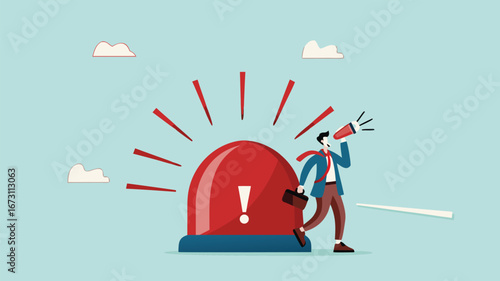 state of emergency declaration, provide emergency information to others as a precaution, warning about danger concept, businessman with megaphone giving instructions about current state of emergency
