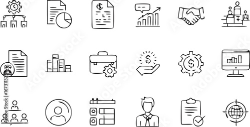 Vector collection of business related doodle icons depicting organization, finance, and human resources management