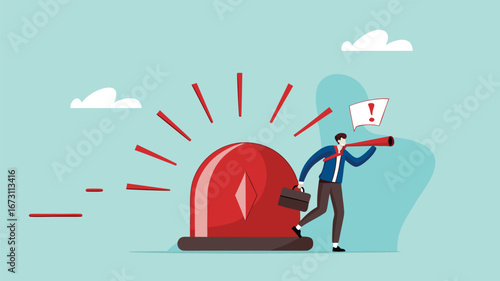 state of emergency declaration, provide emergency information to others as a precaution, warning about danger concept, businessman with megaphone giving instructions about current state of emergency
