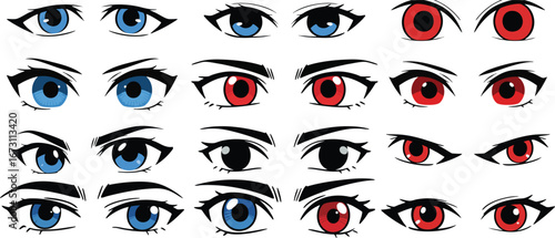 Anime eyes collection offering diverse expressions, from captivating blue to fiery red, perfect for creative designs