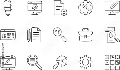 Vector collection of business and development icons featuring gears documents and monitors in doodle style vector
