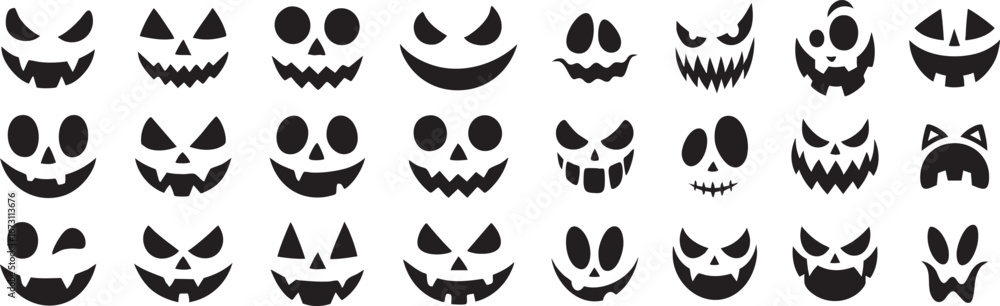 Fototapeta premium Spooky Halloween pumpkin carving stencils for creative crafts and seasonal decorations project with various face designs