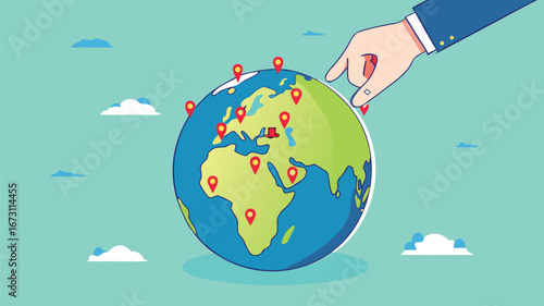 Businessman hand put new branch pin on world map across globe.Global business expansion, open company branches, franchise in new location to cover all continent. growing business worldwide concept
