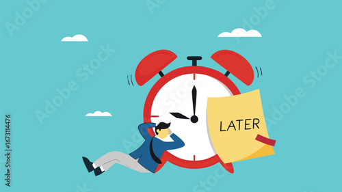 Procrastination or wasting work time with businessman sleeping leaning on an alarm clock with the word later written on paper sticky notes, delaying work or wasting time, laziness to do a task or job
