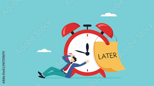 Procrastination or wasting work time with businessman sleeping leaning on an alarm clock with the word later written on paper sticky notes, delaying work or wasting time, laziness to do a task or job
