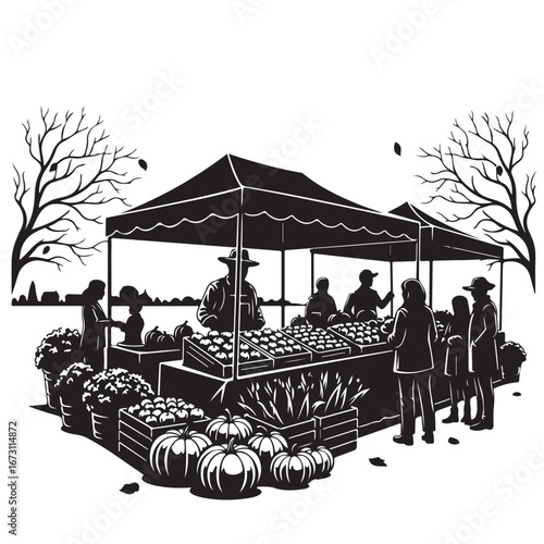 Autumn Farmers Market Scene with People, Stalls, and Harvest Produce