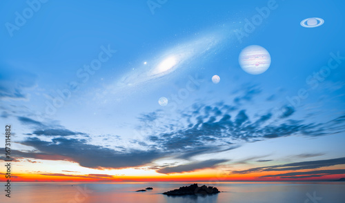 Fototapeta Naklejka Na Ścianę i Meble -  Four planets Mars, Jupiter, Saturn Mercury lined up in a row with the Andromeda galaxy in the background 