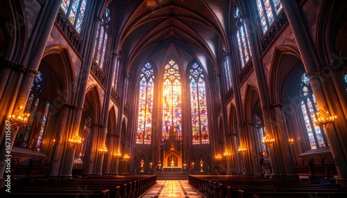 Sunlight streams through magnificent stained-glass windows  illuminating the grand arches and vaulted ceiling of a historic cathedral