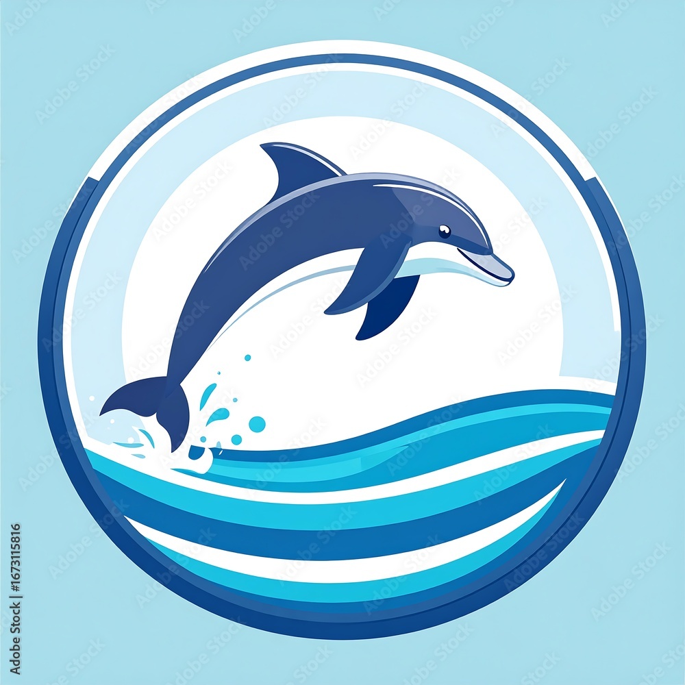 Fototapeta premium A spirited dolphin emblem, playfully breaching the surface with cheerful exuberance, a marine mammal mascot poised in aquatic splendor, a symbol of nature's joy