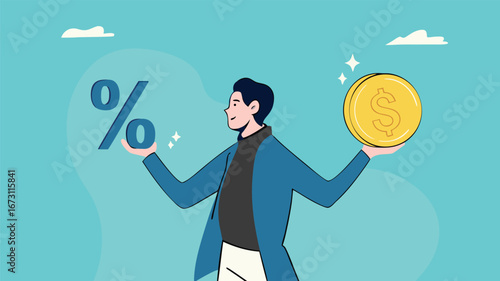 business lending, debt or financial credit, investment concept, business loan funds for capital or investment, mortgage or loan interest rate, businessman holding dollar money coin and percentage
