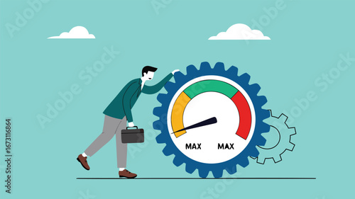poor work performance concept illustration, laziness at work which prevents a business from developing or growing, sad businessman leaning on cogwheel gear with low productivity level meter
