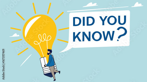 did you know? concept illustration, expert information, explanation or solution, businessman riding a light bulb idea balloon and using a megaphone with a speech bubble that says did you know?
