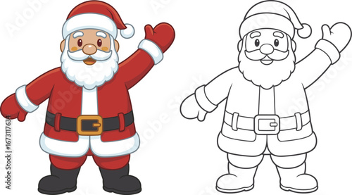 Cartoon Santa Claus Waving Hand Next To Outline Version On White Background christmas holiday