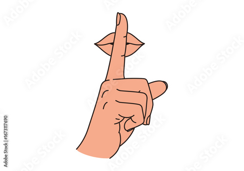 Hand gesturing for silence with a finger on lips. Suitable for education, communication, lifestyle, and behavioral concepts in design.
