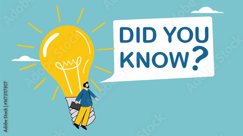 did you know? concept illustration, expert information, explanation or solution, businessman riding a light bulb idea balloon and using a megaphone with a speech bubble that says did you know?
