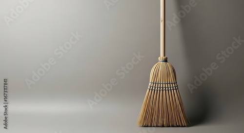 Classic straw broom leaning against the wall offering space for your text