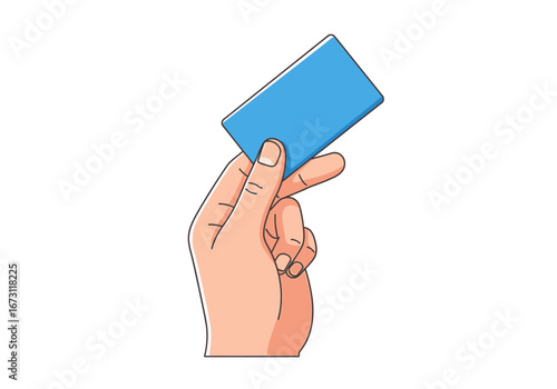 Hand holding blue card against white background, ideal for business presentations or educational content requiring a simple, clean visual.
