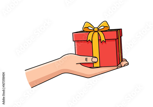 Hand holding red gift box with yellow ribbon for giving presents during holidays, birthdays, celebrations, or special occasions. Festive concept.