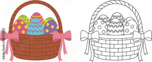 Easter Egg Basket with Pink Bow and Colorful Decorated Eggs Next to Outline Version holiday spring