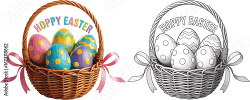 Easter Basket with Colorful Eggs and Hoppy Easter Text and Line Art Version pink